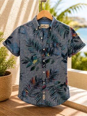 Hollister Linen Tropical Print Short Sleeve Button-Up Shirt Men’s S